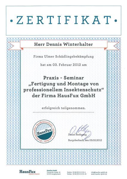 Zertifikat Praxis Seminar Dennis Winterhalter - Rudi Ulmer Schädlingsbekämpfung