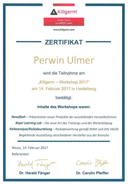 Zertifikat Perwin Ulmer - Rudi Ulmer Schädlingsbekämpfung
