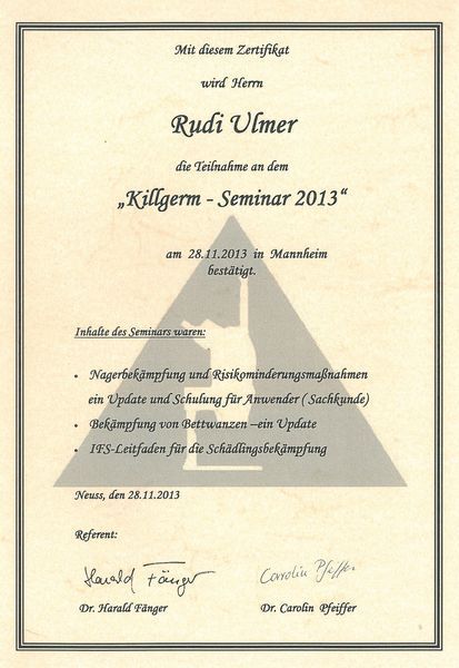 Killgerm-Seminar Rudi Ulmer - Rudi Ulmer Schädlingsbekämpfung