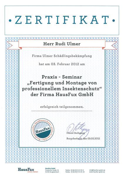 Zertifikat Praxis Seminar Rudi Ulmer - Rudi Ulmer Schädlingsbekämpfung