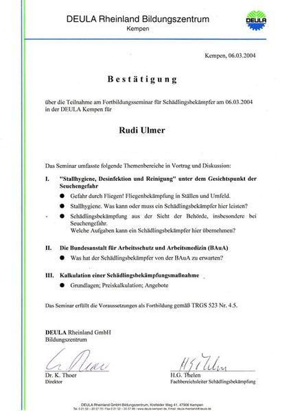 DEULA Zertifikat Rudi Ulmer - Rudi Ulmer Schädlingsbekämpfung