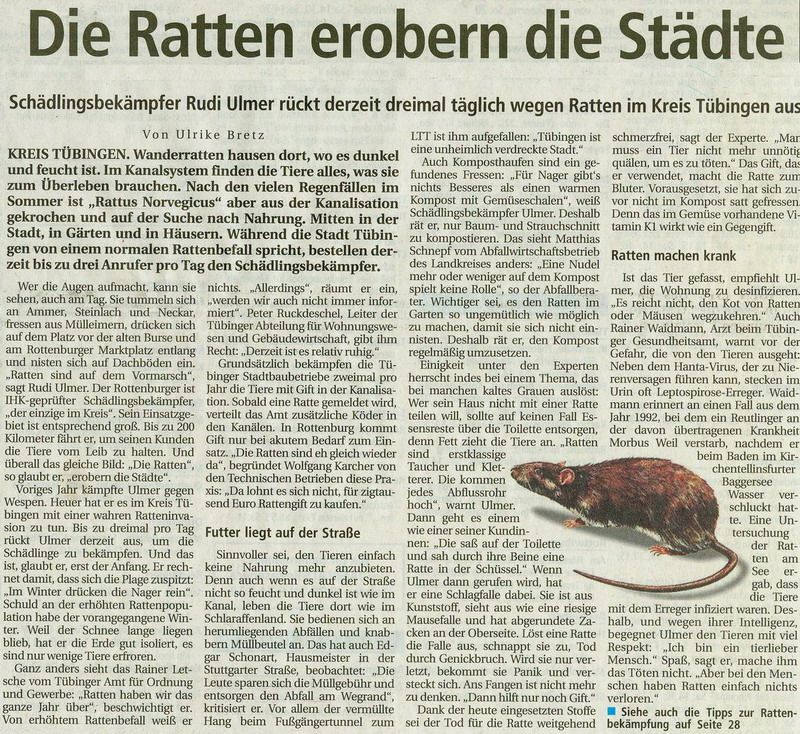 Zeitungsartike "Die Ratten erobern die Städte" - Rudi Ulmer Schädlingsbekämpfung